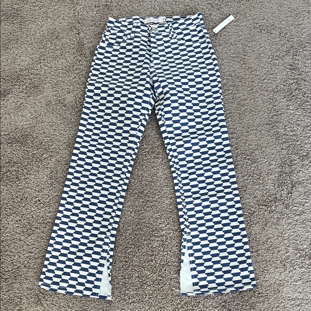 Lisa Says Gah Blue White Geometric Retro Flare Leg Raw Split Cuff Denim Jeans